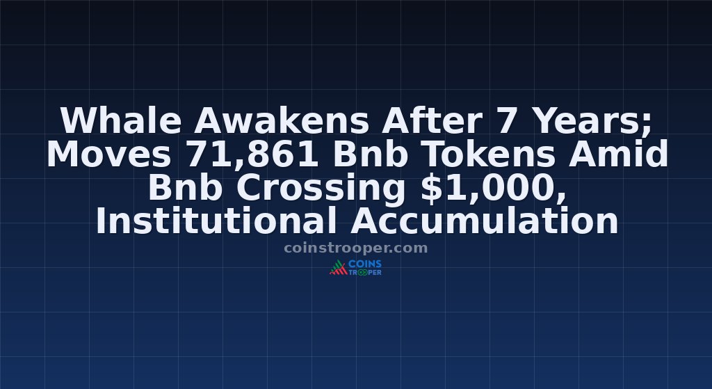 Whale Awakens After 7 Years; Moves 71,861 Bnb Tokens Amid Bnb Crossing $1,000, Institutional Accumulation