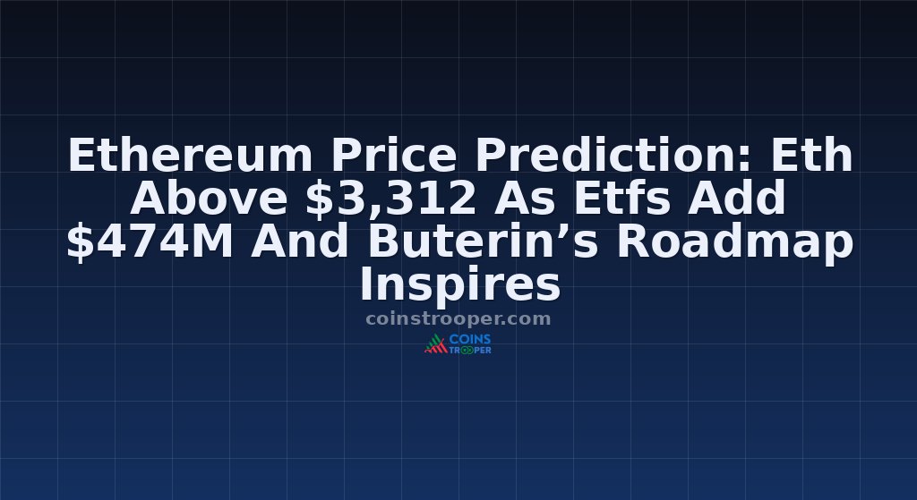 Ethereum Price Prediction: Eth Above $3,312 As Etfs Add $474M And Buterin’s Roadmap Inspires