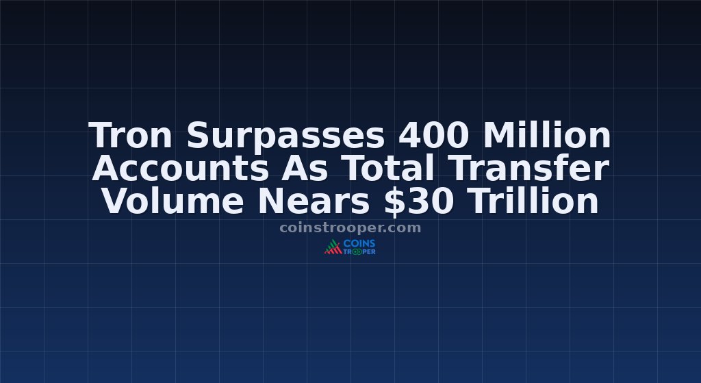 Tron Surpasses 400 Million Accounts As Total Transfer Volume Nears $30 Trillion